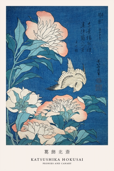 Katsushika Hokusai - Peonies and Canary Variante 1 | 60x90 cm | Premium-Papier wasserfest